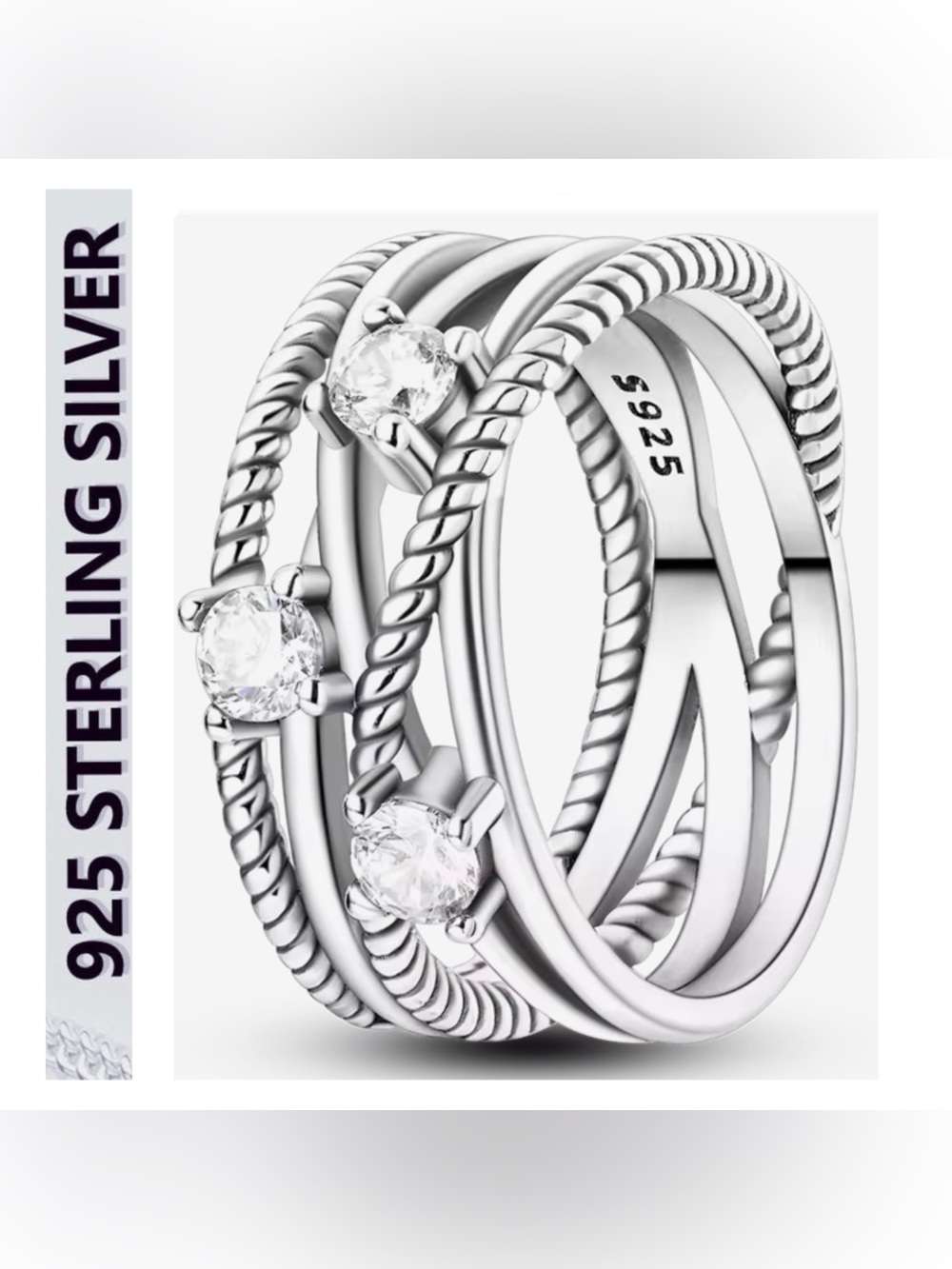 🌟🌟 S925 Sterling Silver Multi-Band Cubic Zirconia Ring